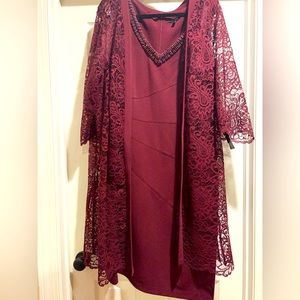 Burgundy Sleeveless Dress with Beaded V-Neck and Lace Over Jacket
